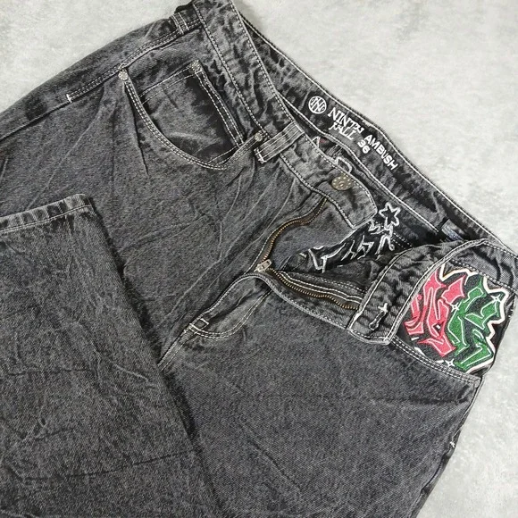 Ninth Fall Ambush Jeans Mens 36 Acid Wash Black Denim Embroidered Graffiti Snake - Picture 1 of 8